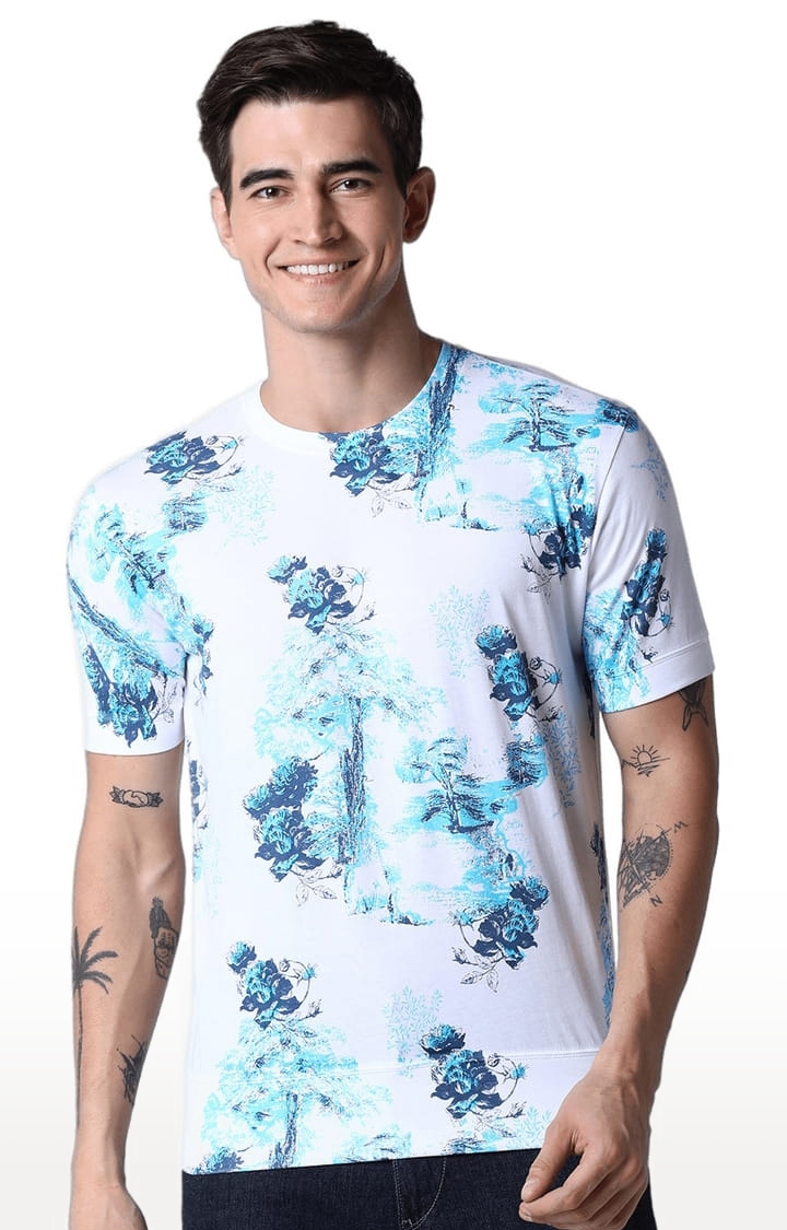 HUETRAP | Men's White and Blue Cotton Printed Regular T-Shirt 0