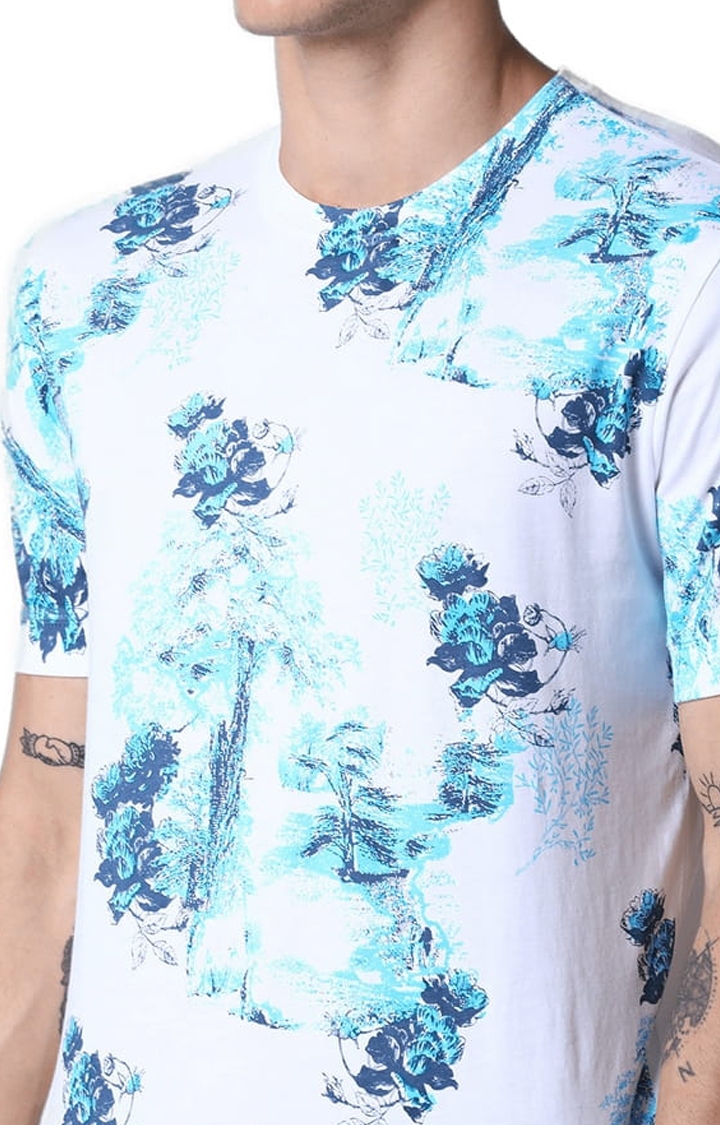HUETRAP | Men's White and Blue Cotton Printed Regular T-Shirt 3