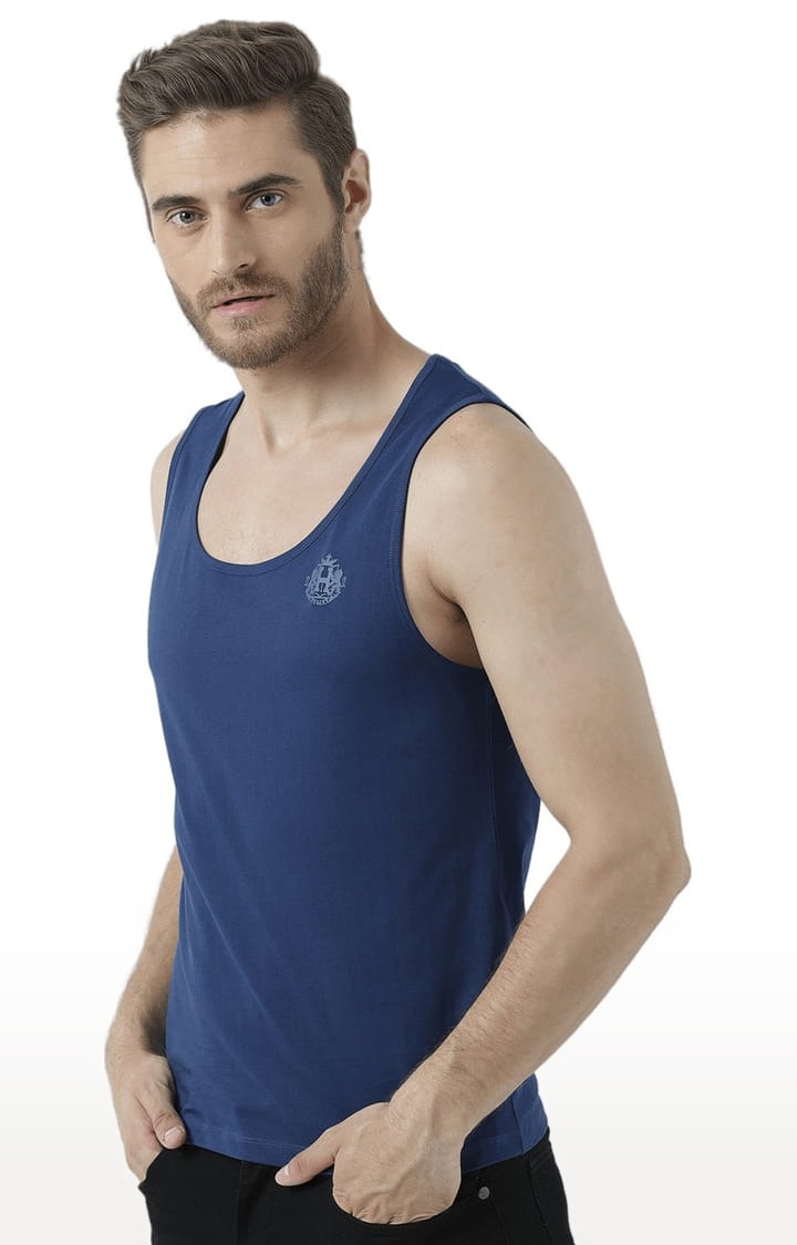 Men's Blue Cotton Solid Vest