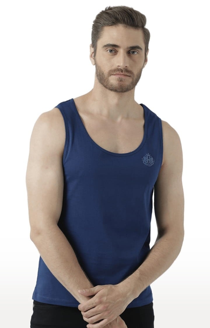 Men's Blue Cotton Solid Vest