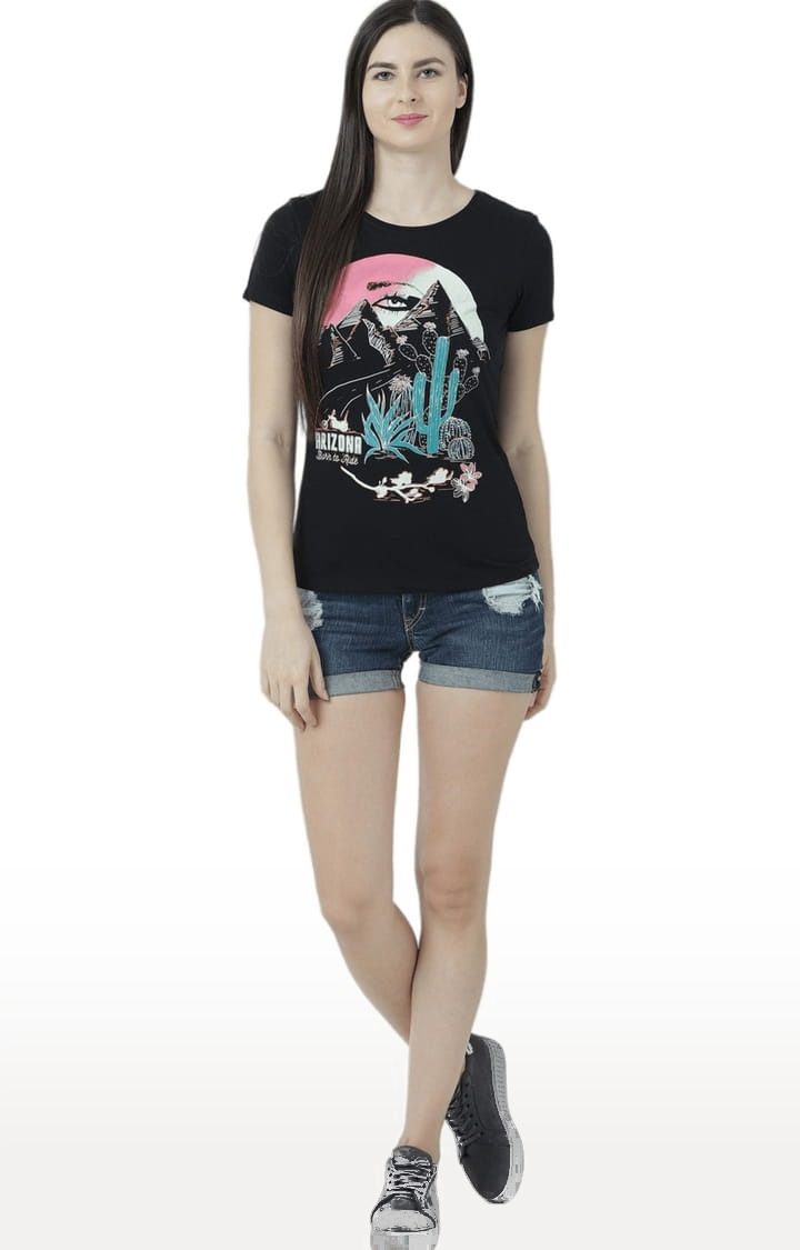 Women's Black Printed Regular T-Shirt