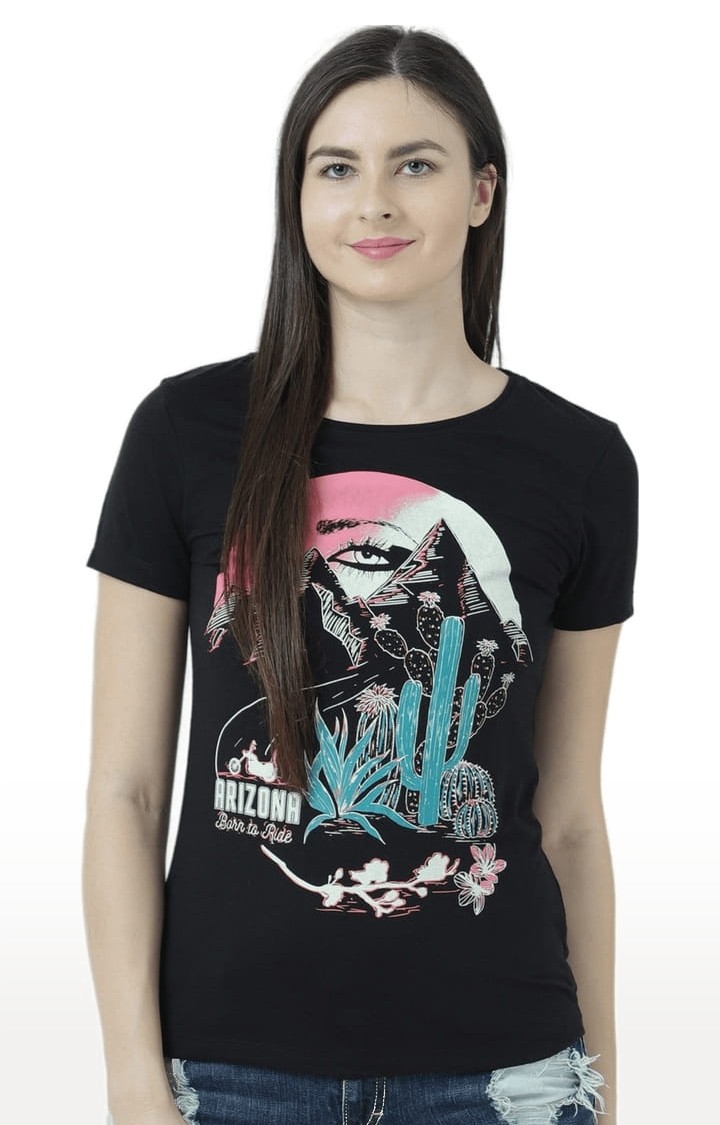 HUETRAP | Women's Black Printed Regular T-Shirt
