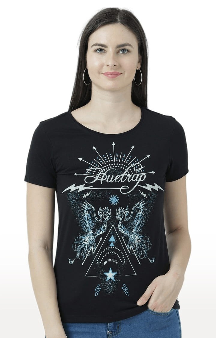 HUETRAP | Women's Black Cotton Printed Regular T-Shirt 0