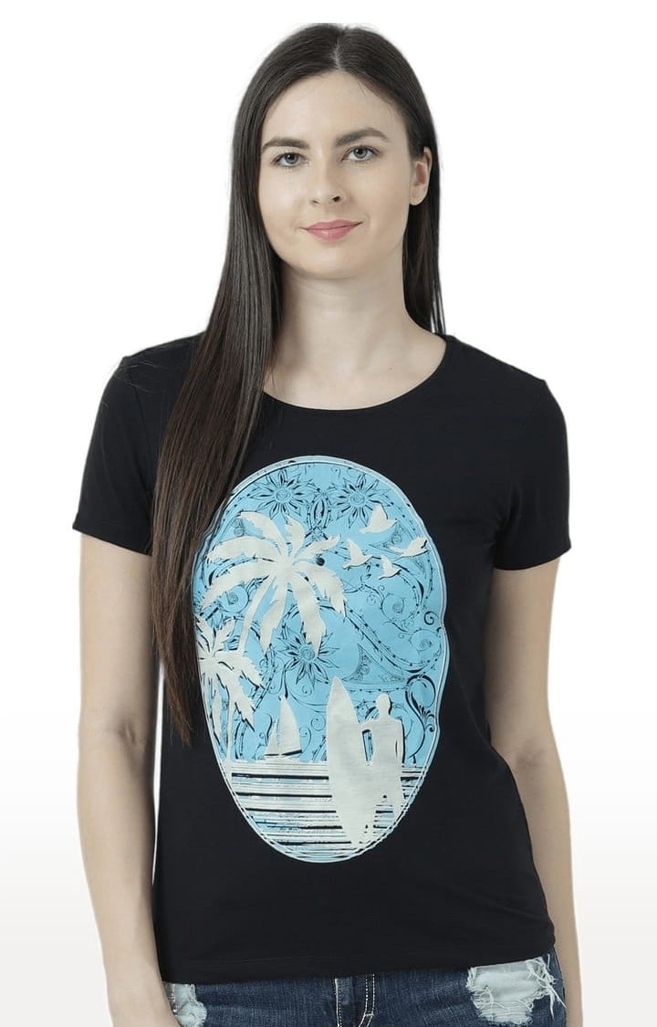 HUETRAP | Women's Black Printed Regular T-Shirt