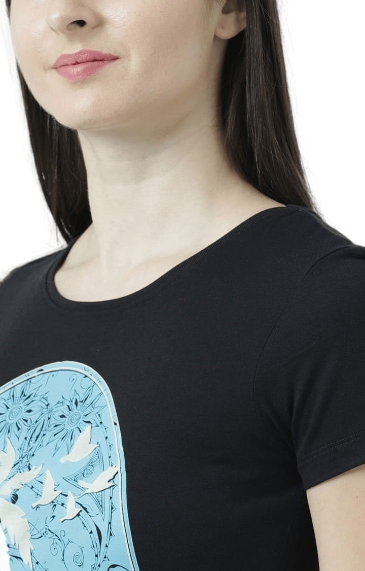 Women's Black Printed Regular T-Shirt