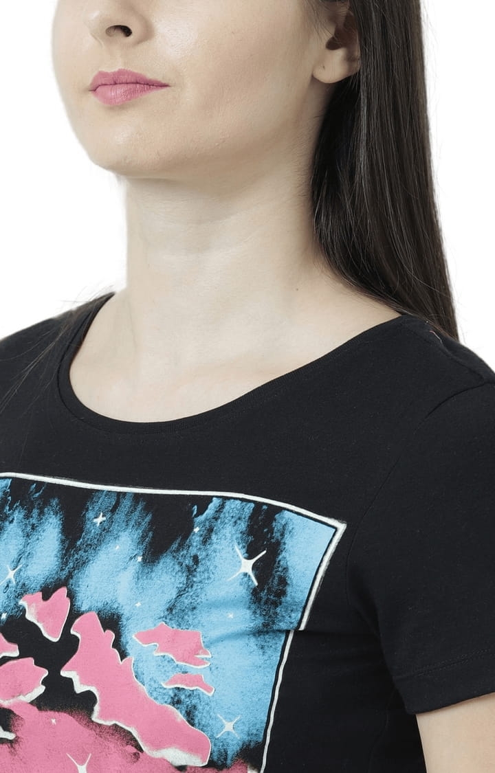 HUETRAP | Women's Black Cotton Printed Regular T-Shirt 5