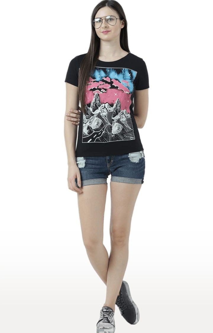 Women's Black Printed Regular T-Shirt