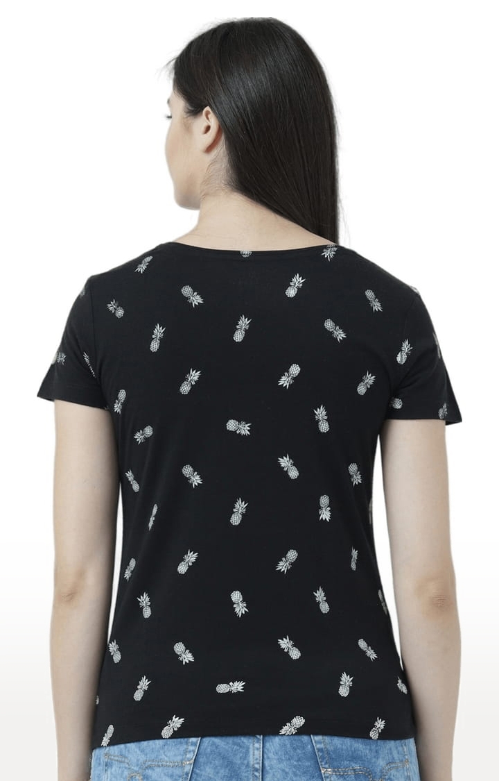 Women's Black Printed Regular T-Shirt