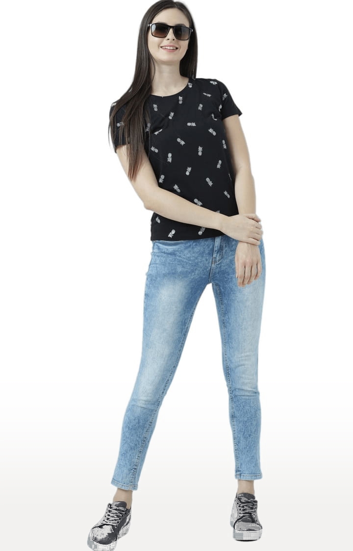 Women's Black Printed Regular T-Shirt