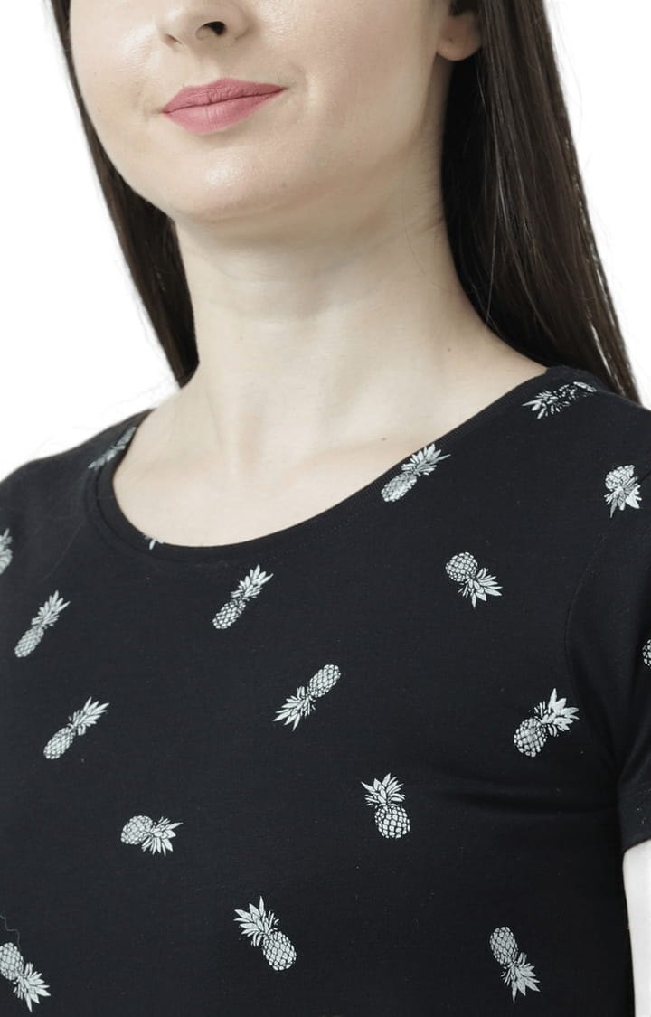 Women's Black Printed Regular T-Shirt