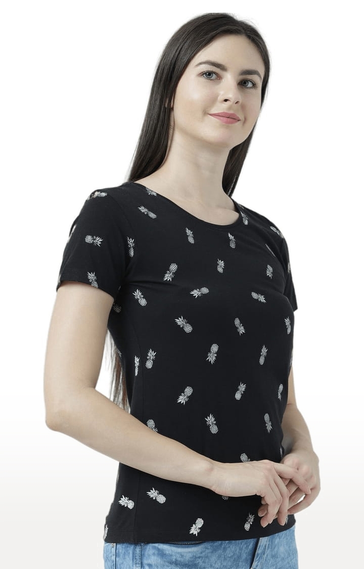 Women's Black Printed Regular T-Shirt