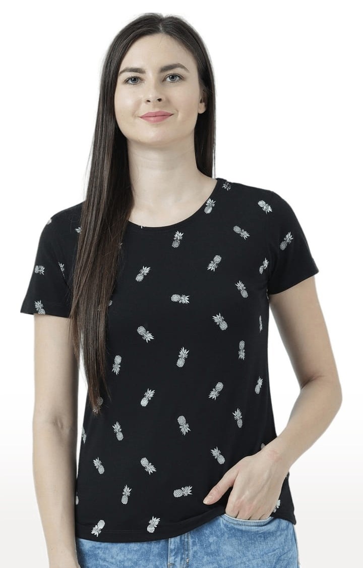 HUETRAP | Women's Black Printed Regular T-Shirt