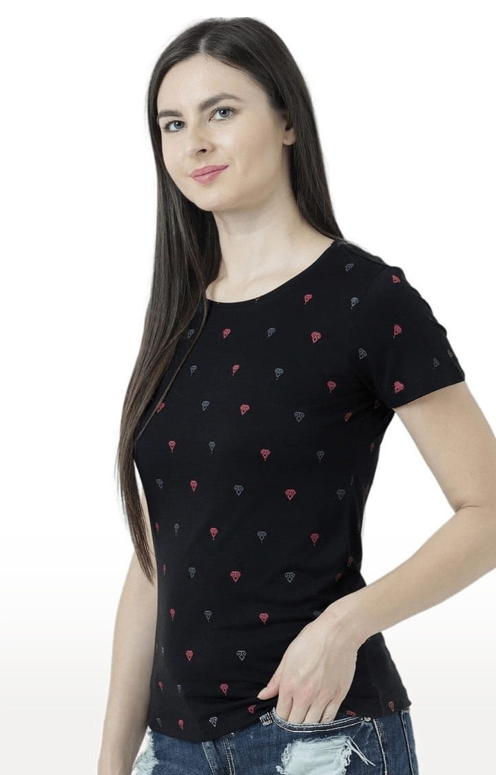 Women's Black Printed Regular T-Shirt