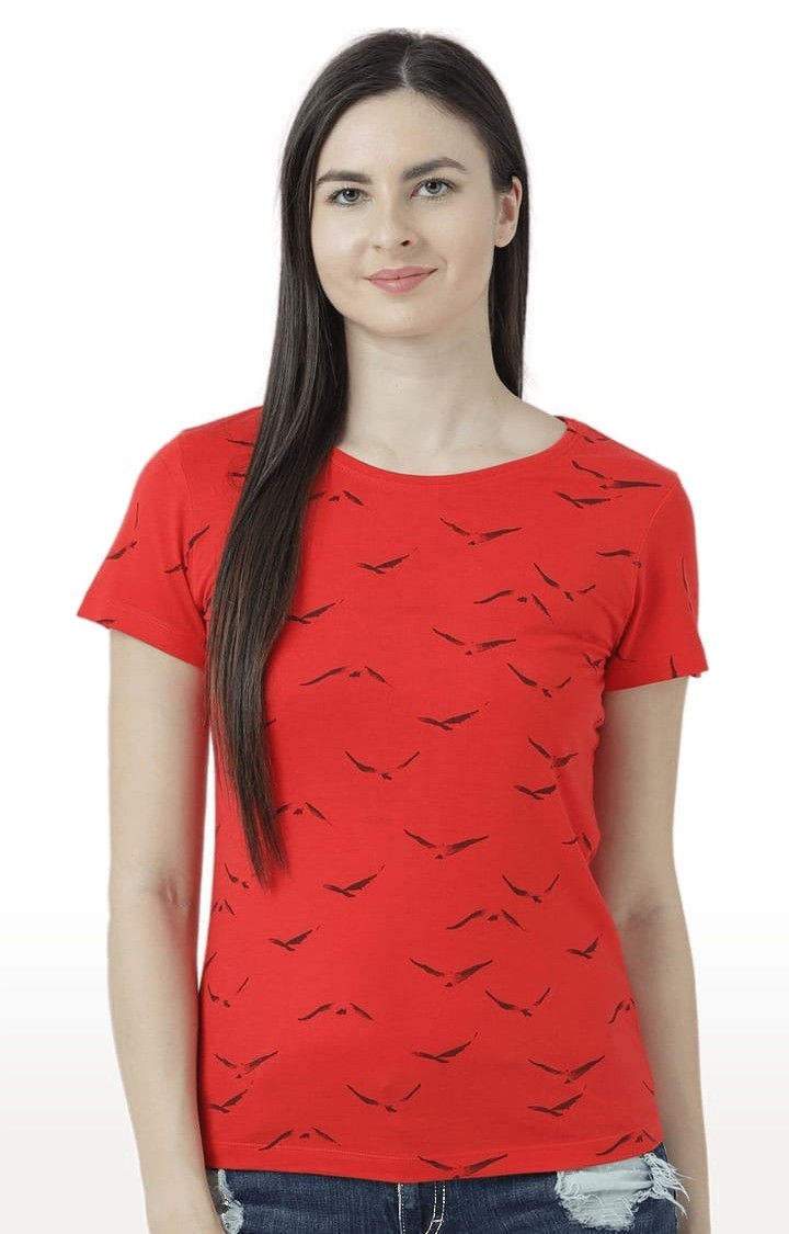 HUETRAP | Women's Red Printed Regular T-Shirt