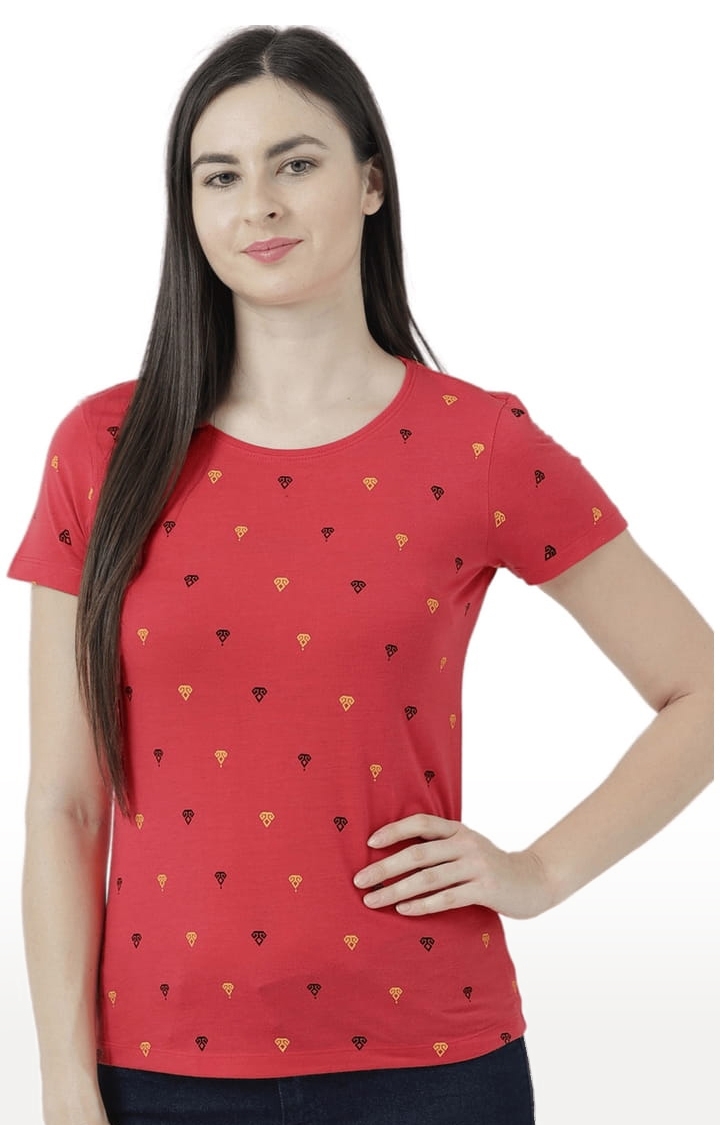 HUETRAP | Women's Red Cotton Printed Regular T-Shirt 0