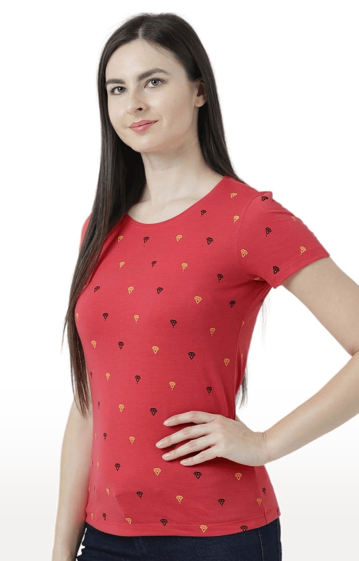HUETRAP | Women's Red Cotton Printed Regular T-Shirt 3