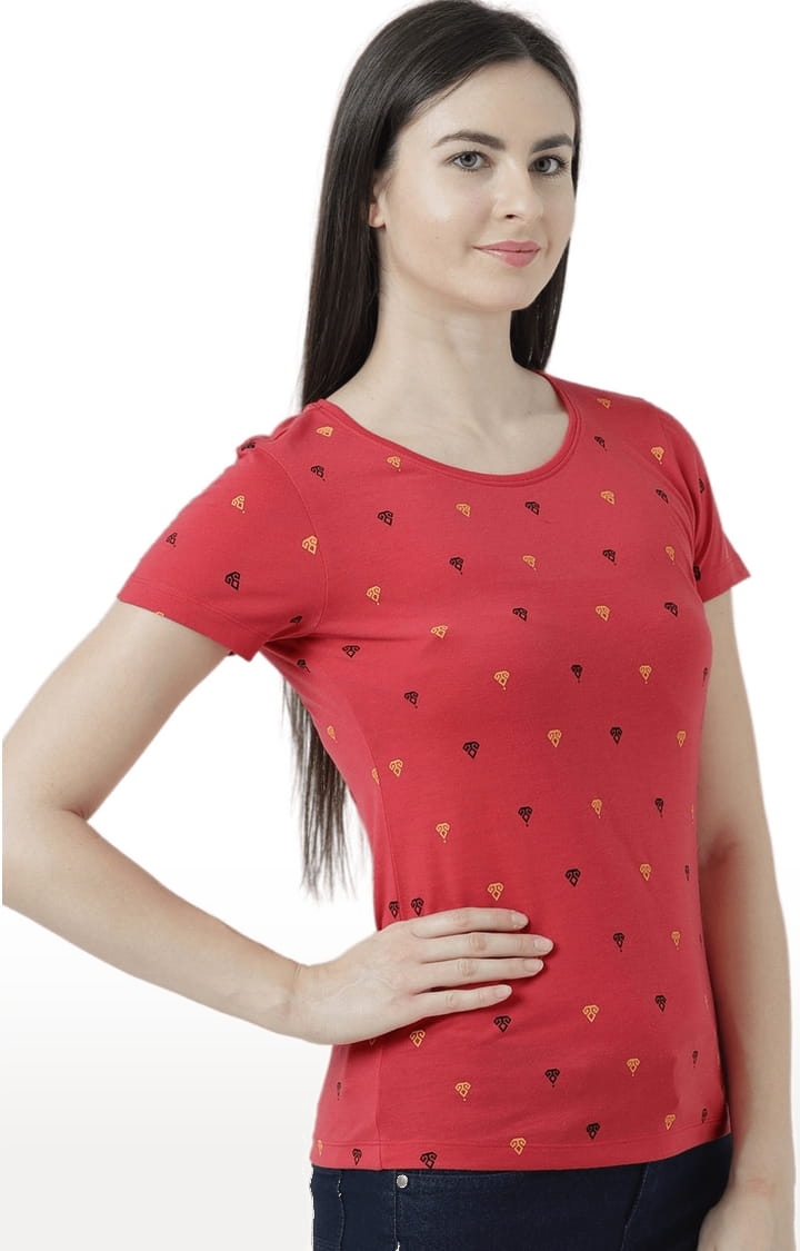 HUETRAP | Women's Red Cotton Printed Regular T-Shirt 2