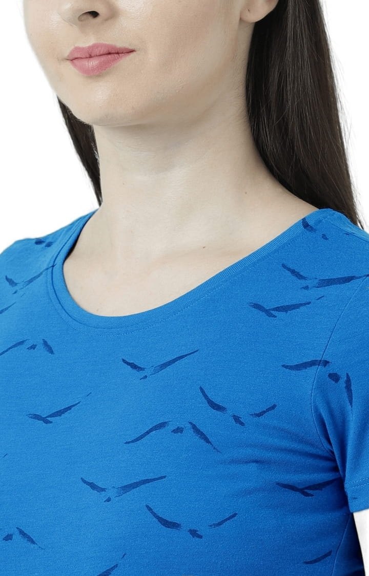 Women's Blue Printed Regular T-Shirt