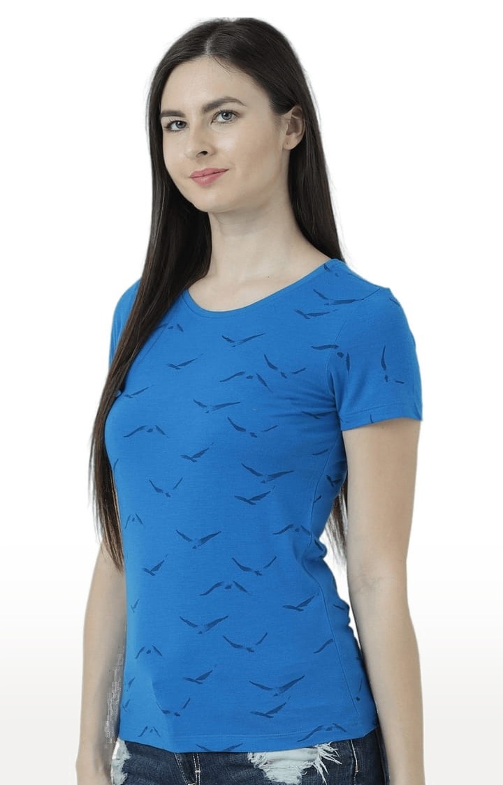 Women's Blue Printed Regular T-Shirt