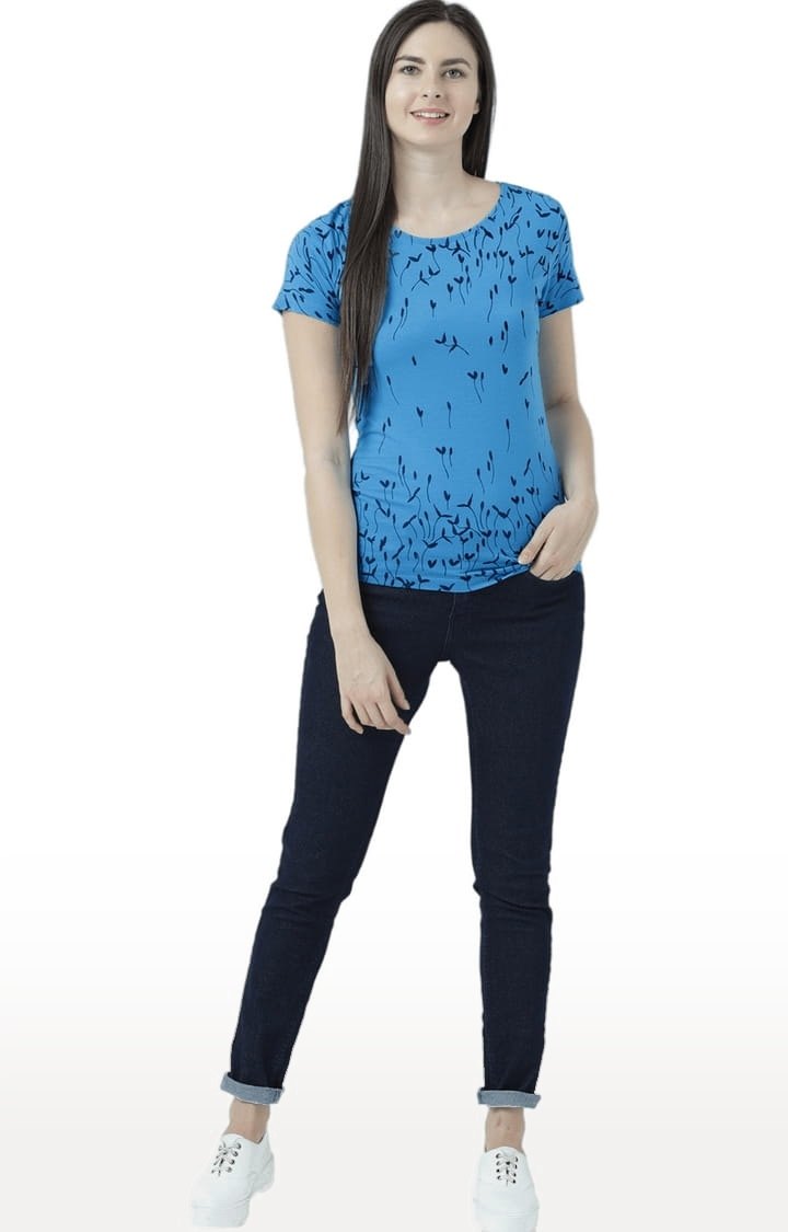 Women's Blue Printed Regular T-Shirt