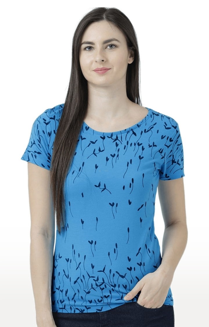 HUETRAP | Women's Blue Printed Regular T-Shirt