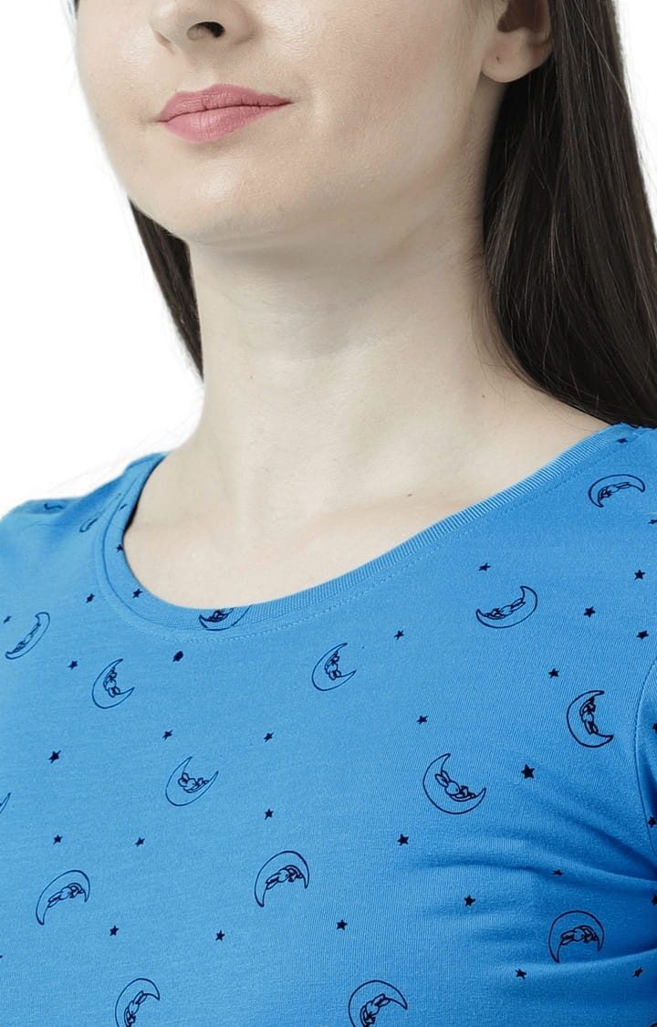 Women's Blue Printed Regular T-Shirt