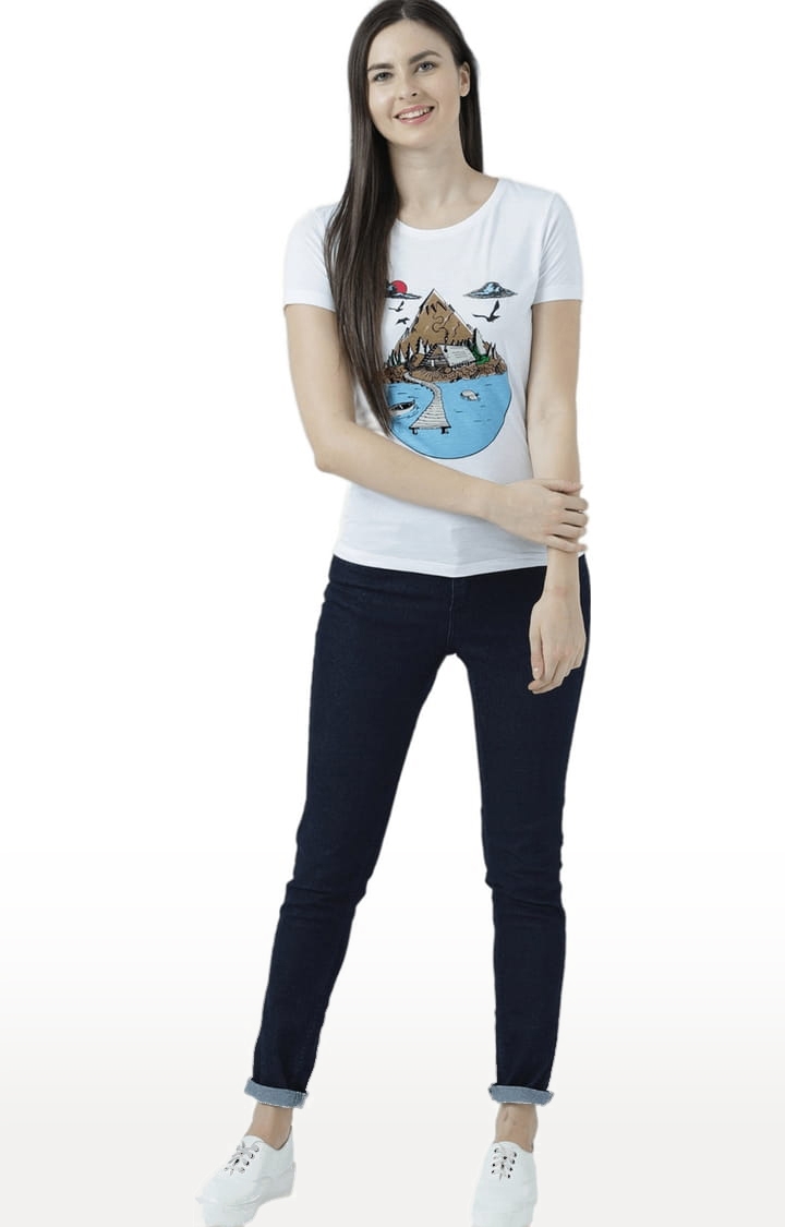 Women's White Printed Regular T-Shirt