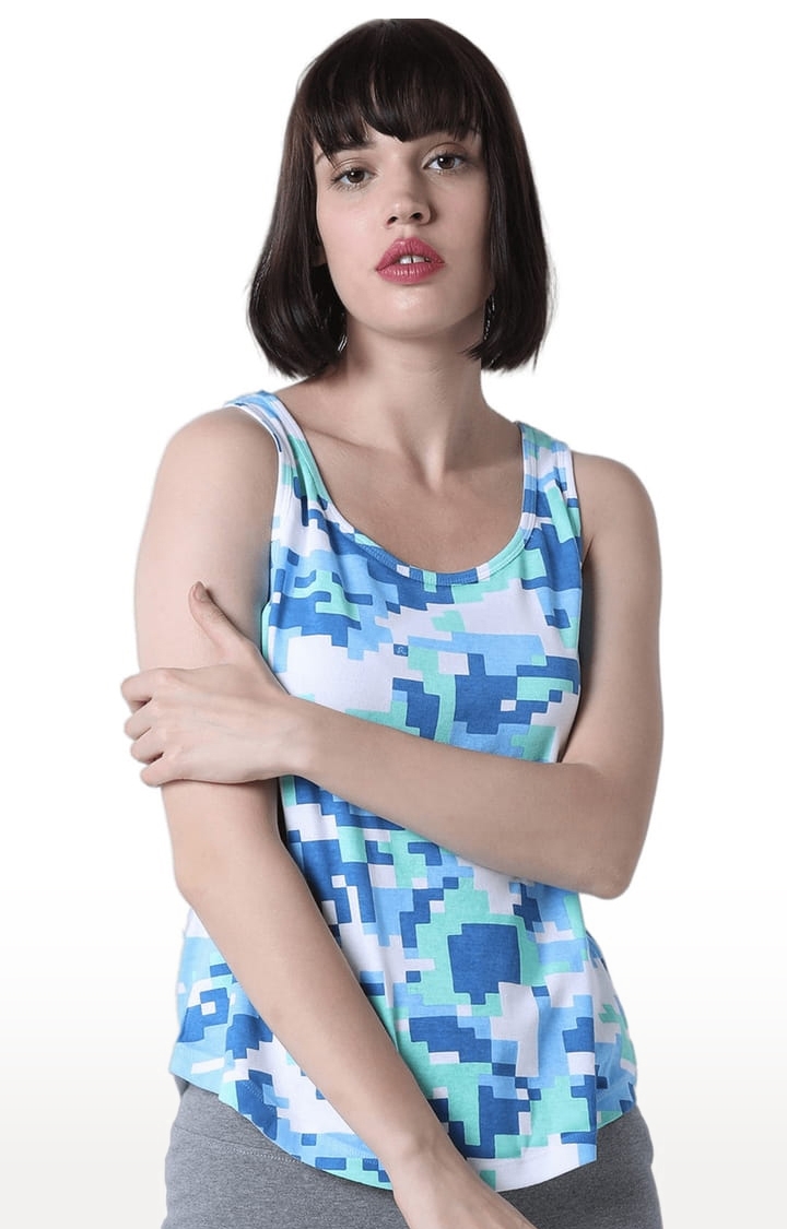 HUETRAP | Women's White and Blue Cotton Printed Tank Top 0