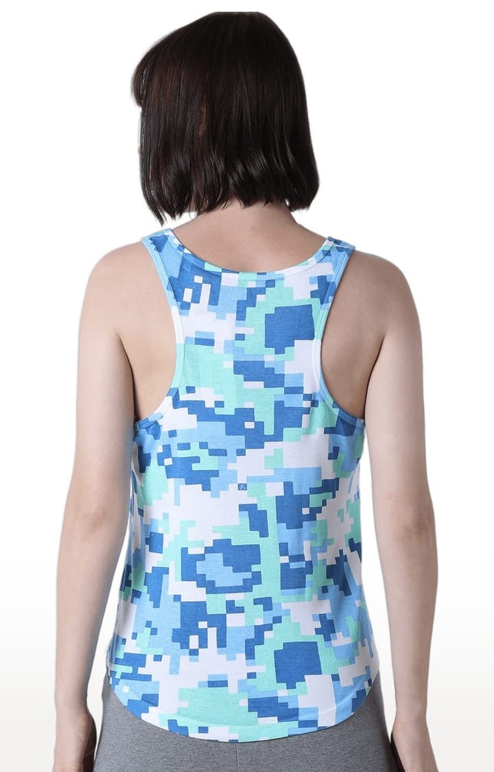 Women's White & Blue Printed Tank Top