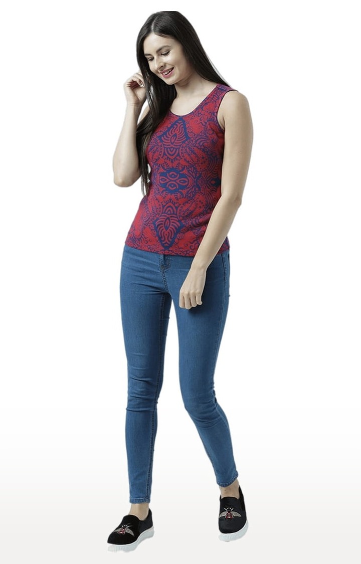 Women's Red & Blue Printed Tank Top