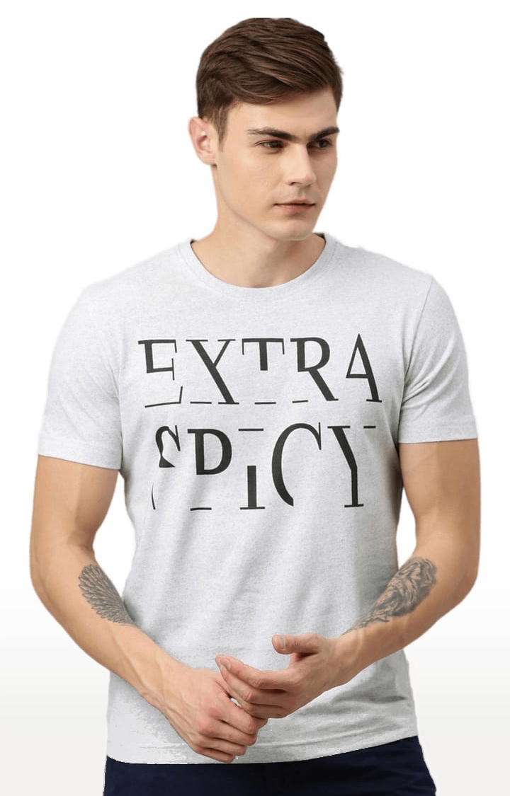 HUETRAP | Men's Grey Cotton Blend Typographic Printed Regular T-Shirt 0