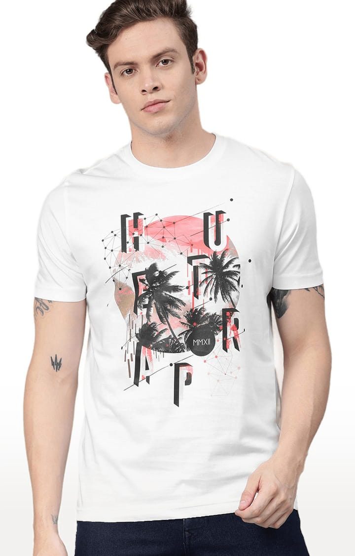Men s White Cotton Printed Regular T Shirt
