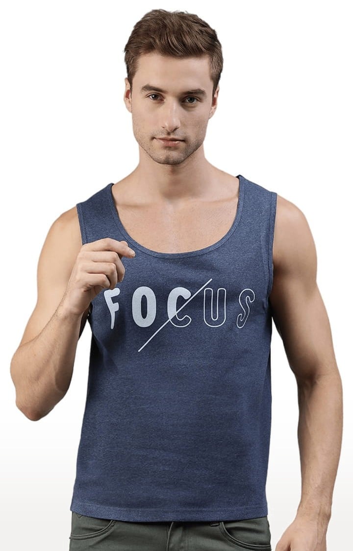 HUETRAP | Men's Blue Melange Cotton Blend Typographic Printed Vest