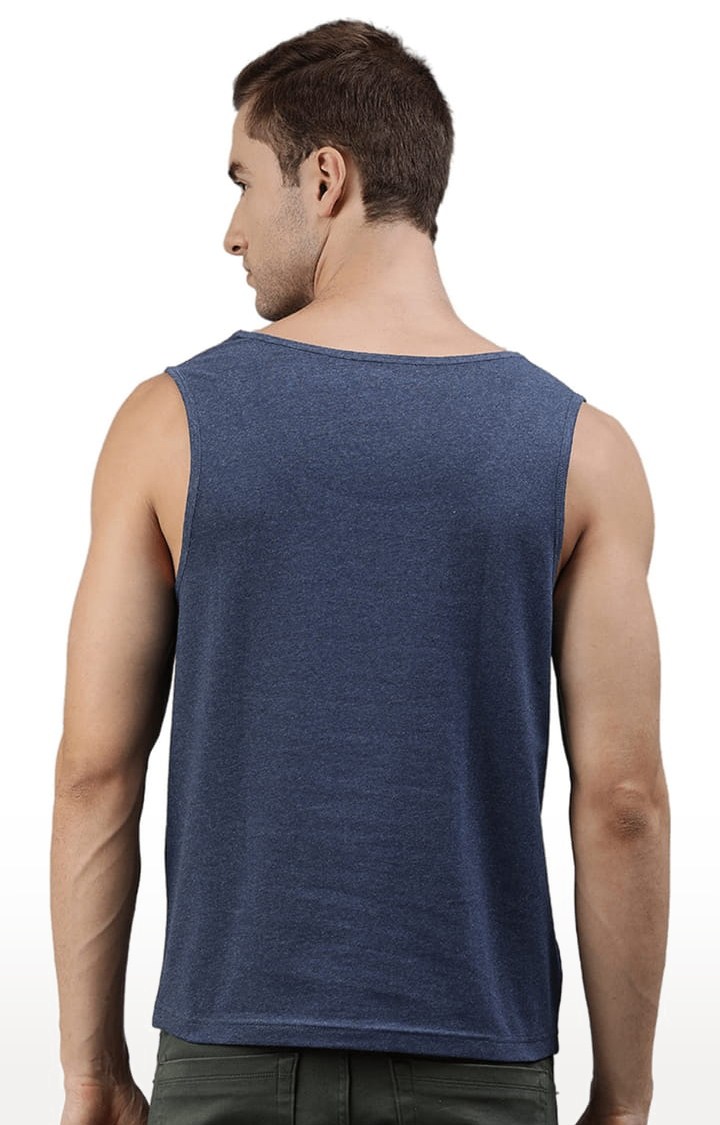 Men's Blue Melange Cotton Blend Typographic Printed Vest