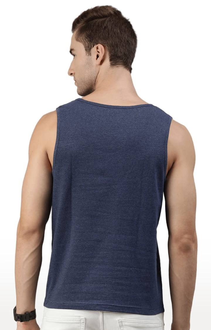 Men's Blue Melange Cotton Blend Typographic Printed Vest