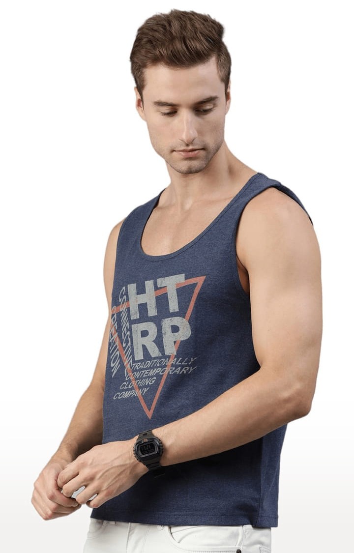 Men's Blue Melange Cotton Blend Typographic Printed Vest
