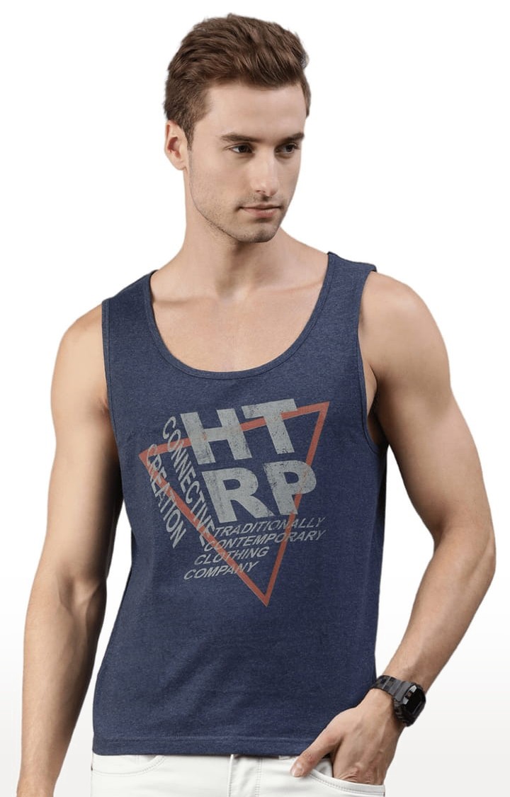 Men's Blue Melange Cotton Blend Typographic Printed Vest