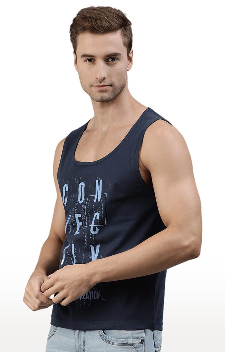 Men's Navy Blue Cotton Blend Typographic Printed Vest