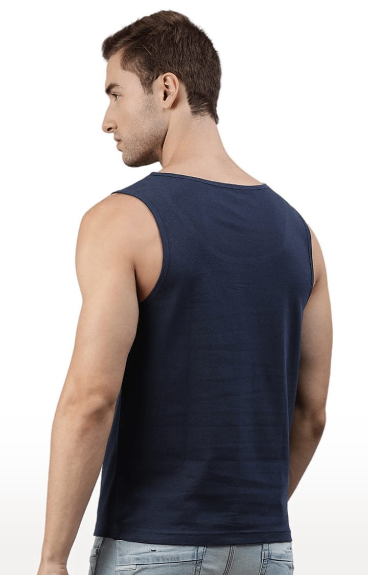 Men's Navy Blue Cotton Blend Typographic Printed Vest