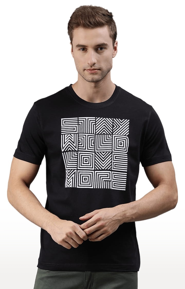 HUETRAP | Men's Black Cotton Blend Printed Regular T-Shirt 0