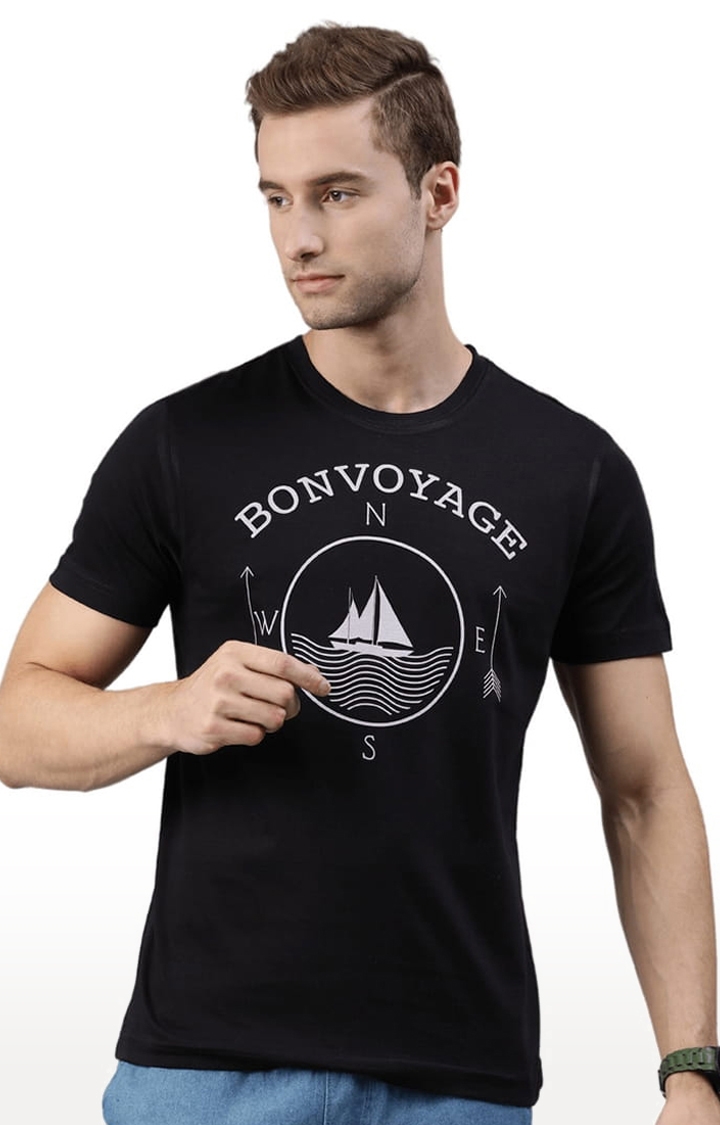 HUETRAP | Men's Black Cotton Blend Typographic Printed Regular T-Shirt 0