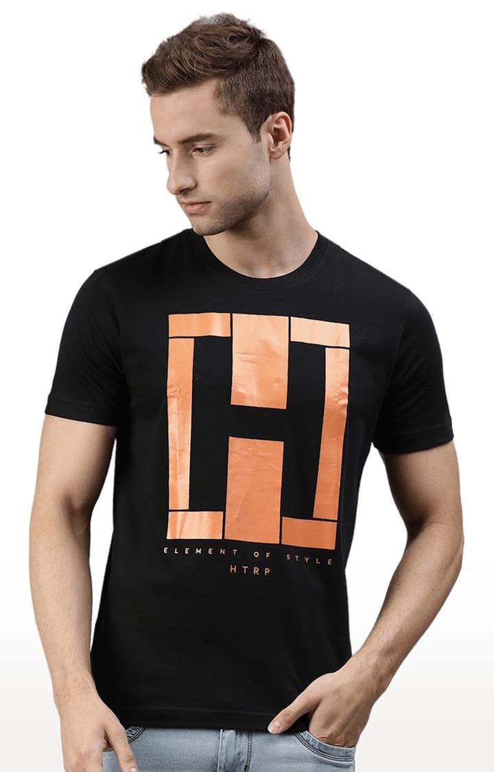 HUETRAP | Men's Black Cotton Blend Typographic Printed Regular T-Shirt 0