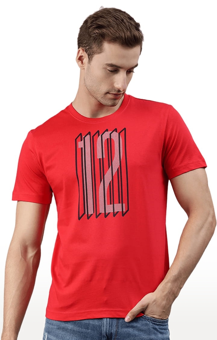 HUETRAP | Men's Red Cotton Blend Typographic Printed Regular T-Shirt 0