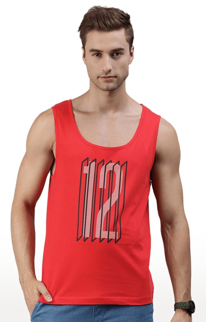 Men's Red Cotton Blend Typographic Printed Vest