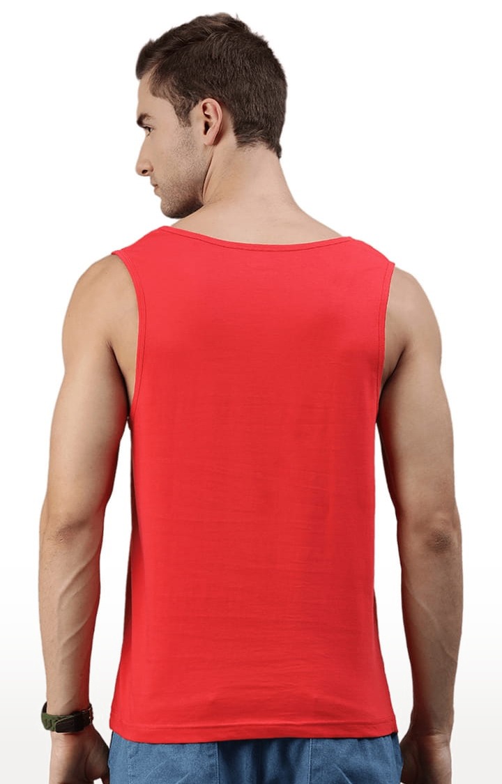 Men's Red Cotton Blend Typographic Printed Vest