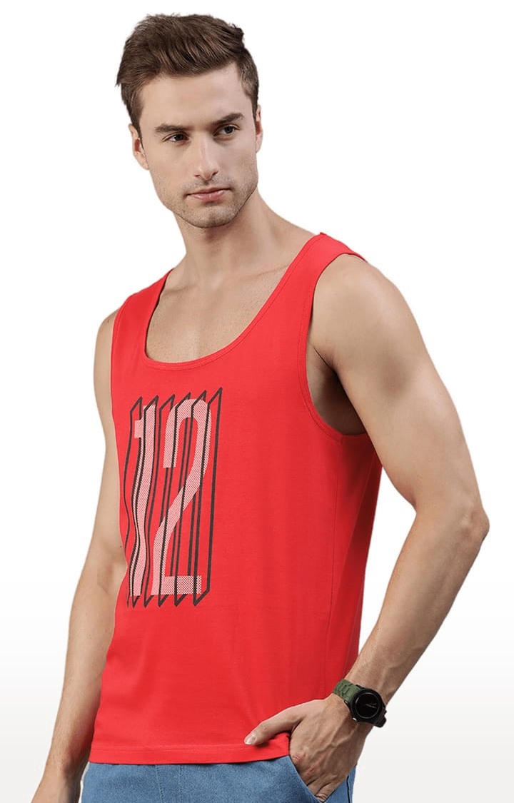 Men's Red Cotton Blend Typographic Printed Vest