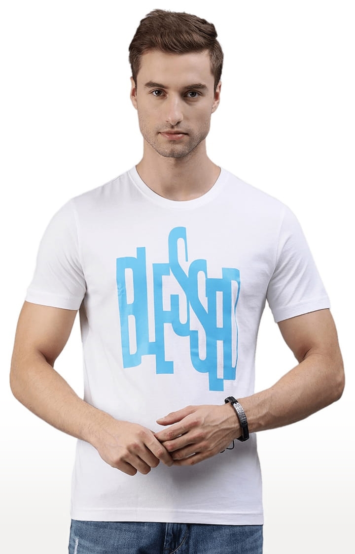 HUETRAP | Men's White Cotton Blend Typographic Printed Regular T-Shirt 0