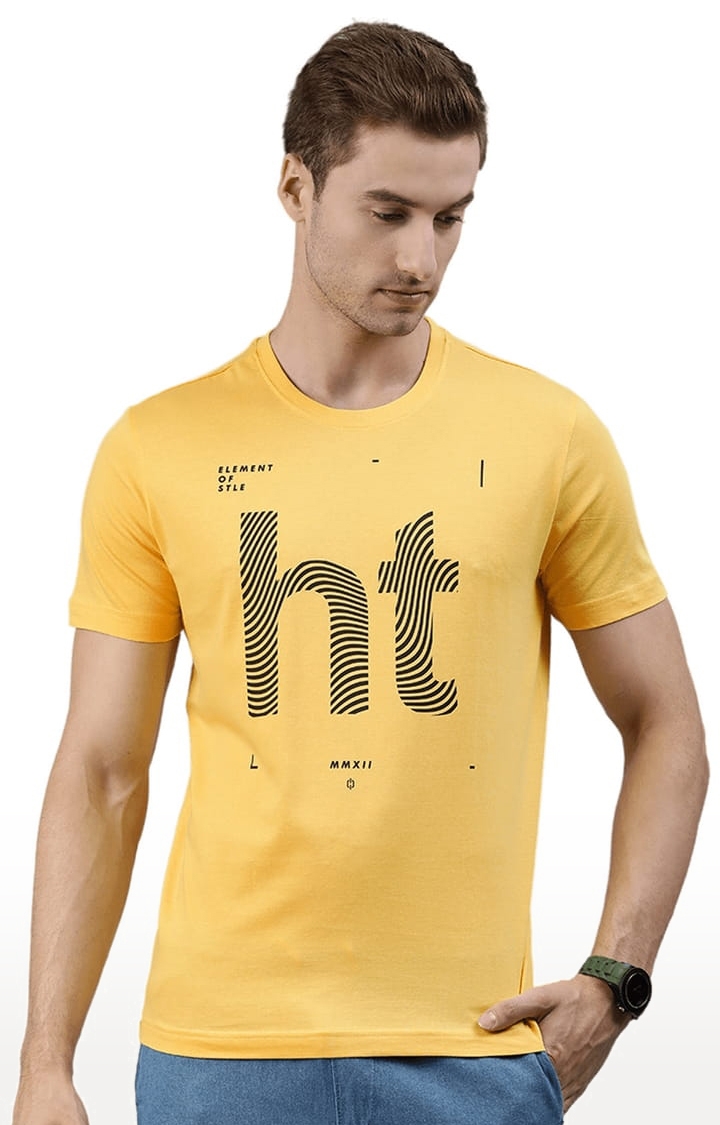 HUETRAP | Men's Yellow Cotton Blend Printed Regular T-Shirt 0