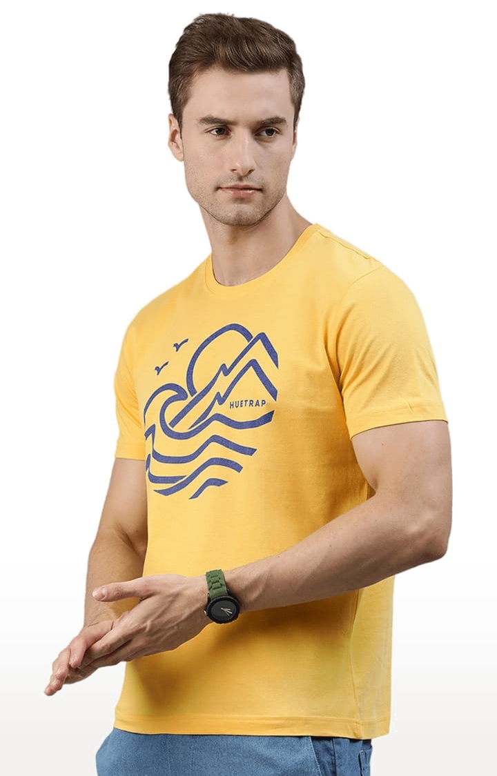 HUETRAP | Men's Yellow Cotton Blend Printed Regular T-Shirt 1