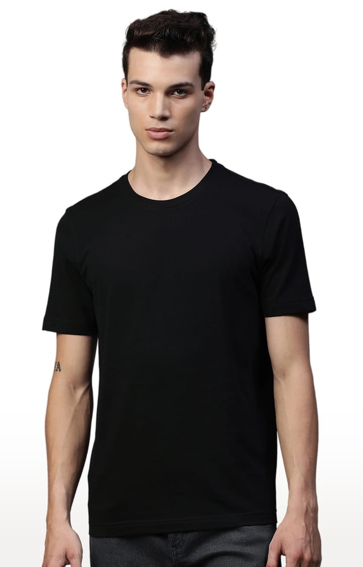 HUETRAP | Men's Black Cotton Blend Solid Regular T-Shirt 0